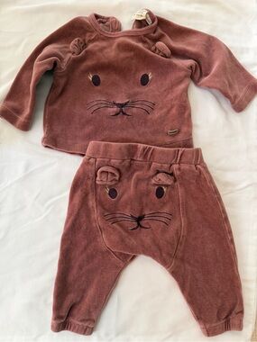 MINYMO - Baby Two-Piece Velour Set with Kitty Face - Dusty Rose 1M